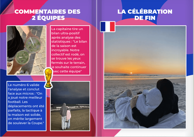 Double page Commentaires des 2 équipes et La célébration de fin : citations du couple et coucher de soleil sur la plage