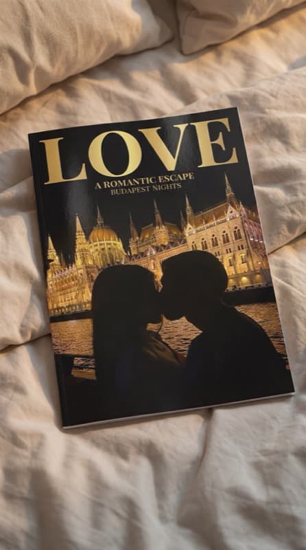 Magazine photo de couple Unicover « LOVE » posé sur un lit, escapade romantique à Budapest